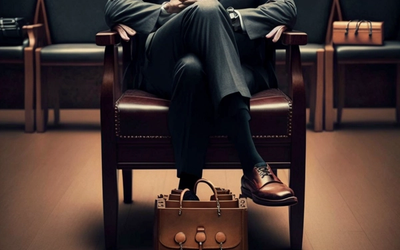 AI generated image of a man in a suit with a briefcase sitting in a chair with a hardwood floor