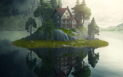 AI-generated image of a secluded home on an island in a large lake