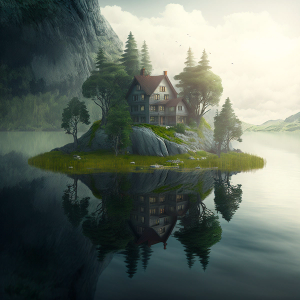 AI-generated image of a secluded home on an island in a large lake