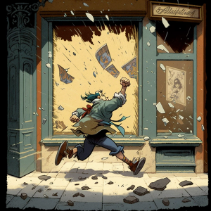 AI generated image of thief running from a barbershop with a broken window, Disney animation style.  Kind of has that vibe.