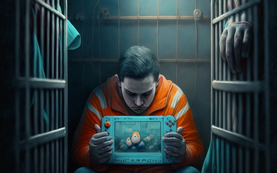 AI generated image of a prisoner playing Nintendo Switch in his cell (lol)