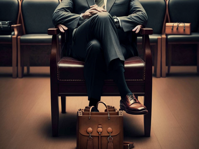 AI generated image of a man in a suit with a briefcase sitting in a chair with a hardwood floor