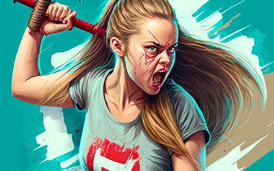AI generated image of girl with ponytail throwing axe at a target - OMG, they made her some kind of Kill Bill assassin, and that is not an axe!