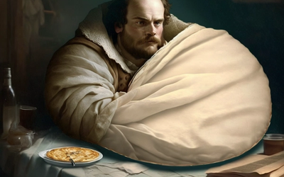 AI generated image of a poet wrapped in a tortilla blanket.