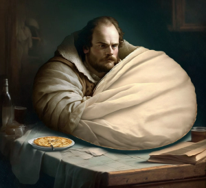AI generated image of a poet wrapped in a tortilla blanket.