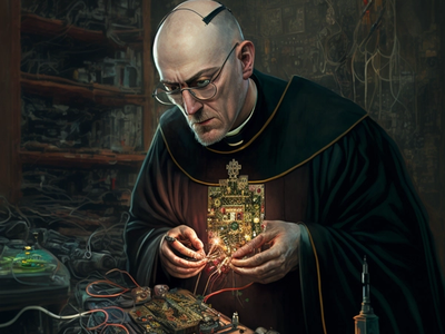 AI-generated image of a priest playing with electric circuit board