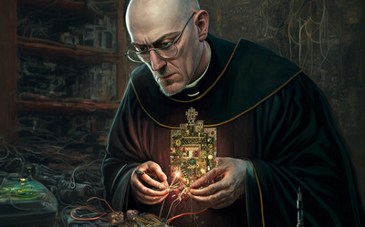 AI-generated image of a priest playing with electric circuit board