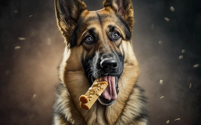 AI generated image of a german shepherd eating peanut butter, but I've not seen peanut butter look like that before!